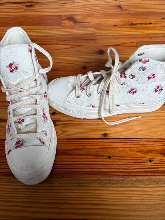 Converse Shoes - Converse White High-Top Sneakers with Pink Floral Embroidery